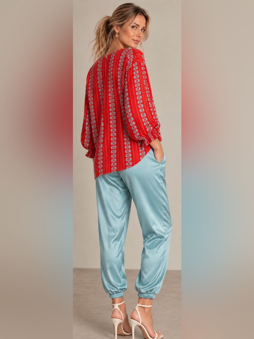 Croft & Barrow V-Neck Tunic in Red w Aqua Embroidery